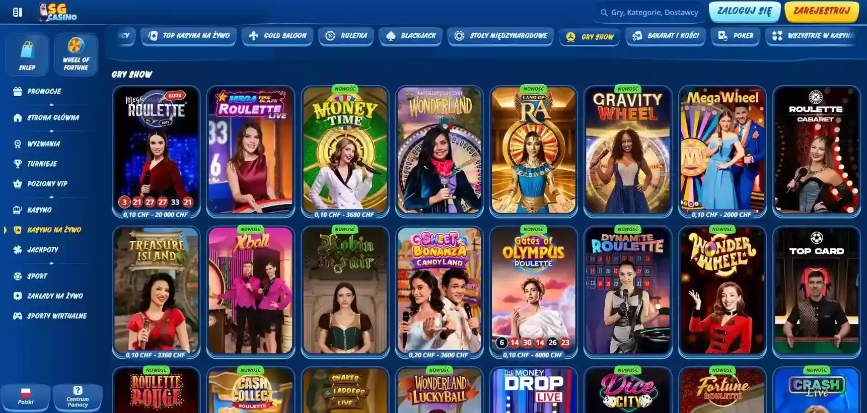 Polski katalog SGcasino kasyno na żywo i gry show