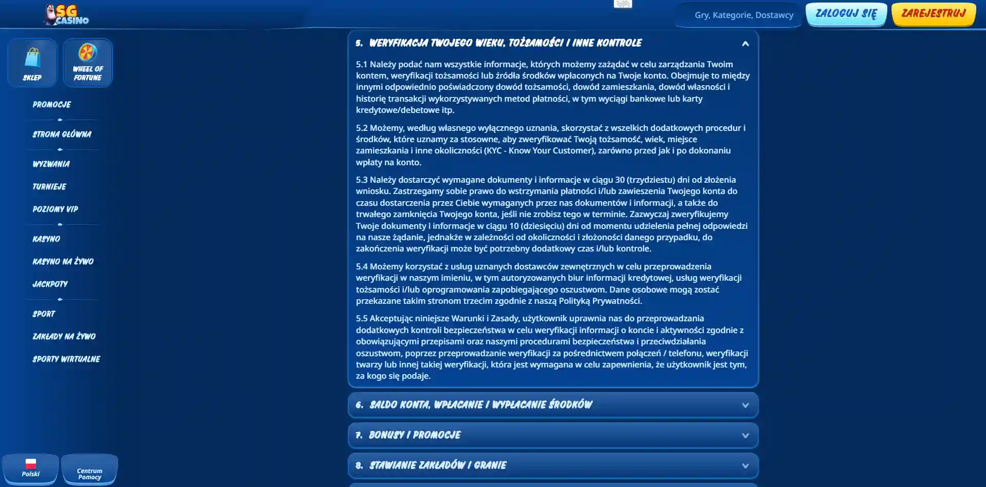 Sekcja warunków SGcasino dotycząca weryfikacji KYC