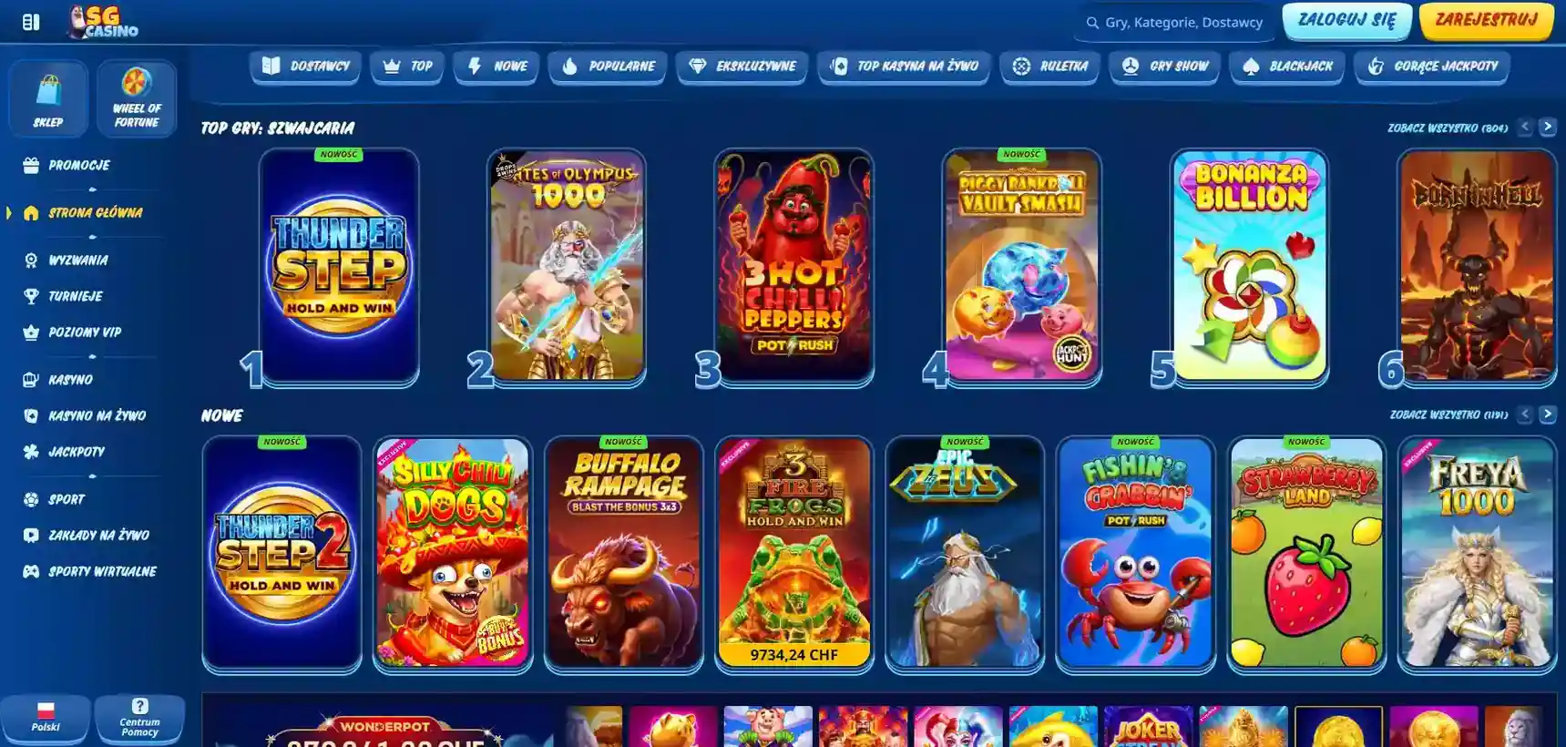 Polski katalog gier SGcasino z kategoriami i listą tytułów